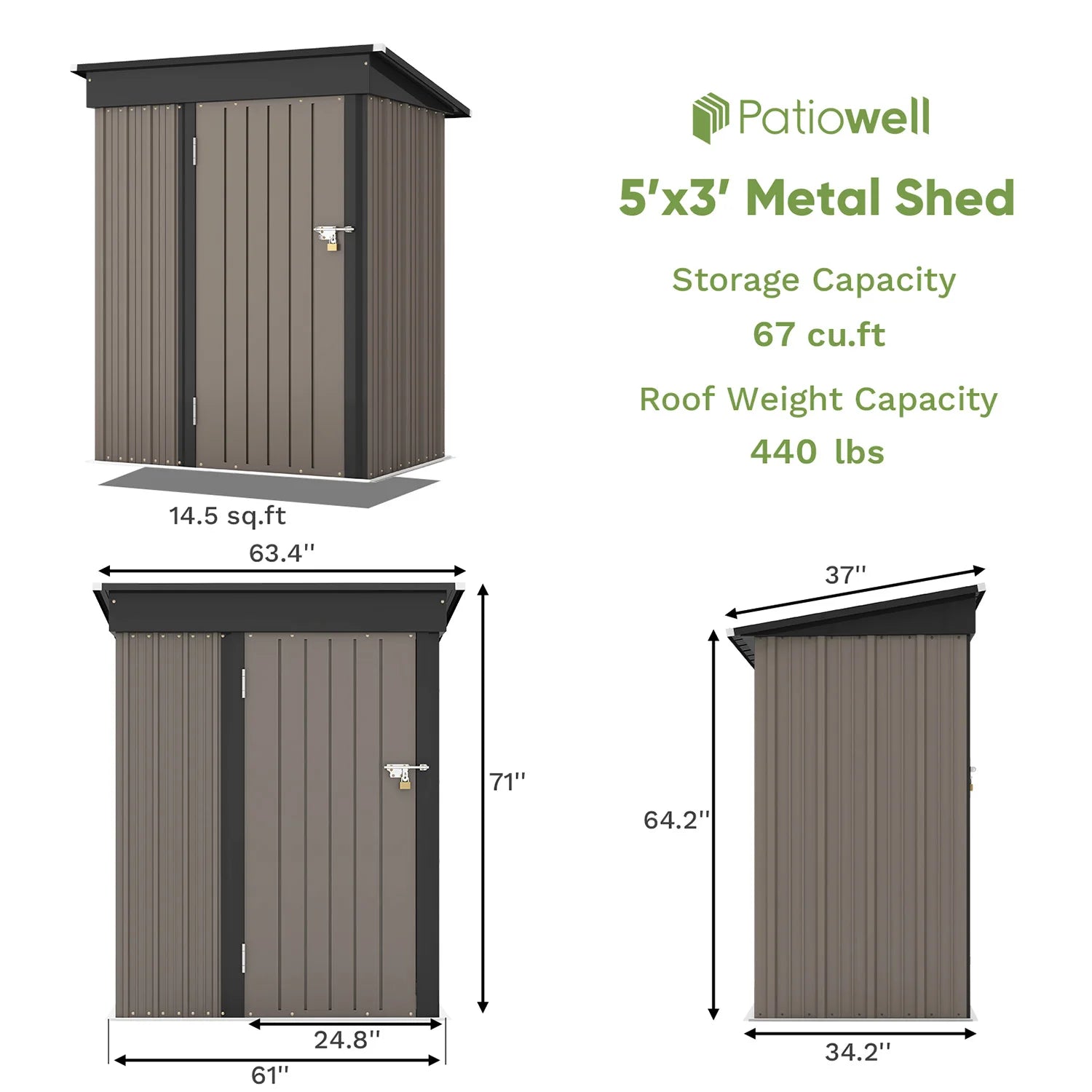 Patiowell 5x3 FT Outdoor Metal Storage Shed – Lockable Tool Shed with Sloping Roof