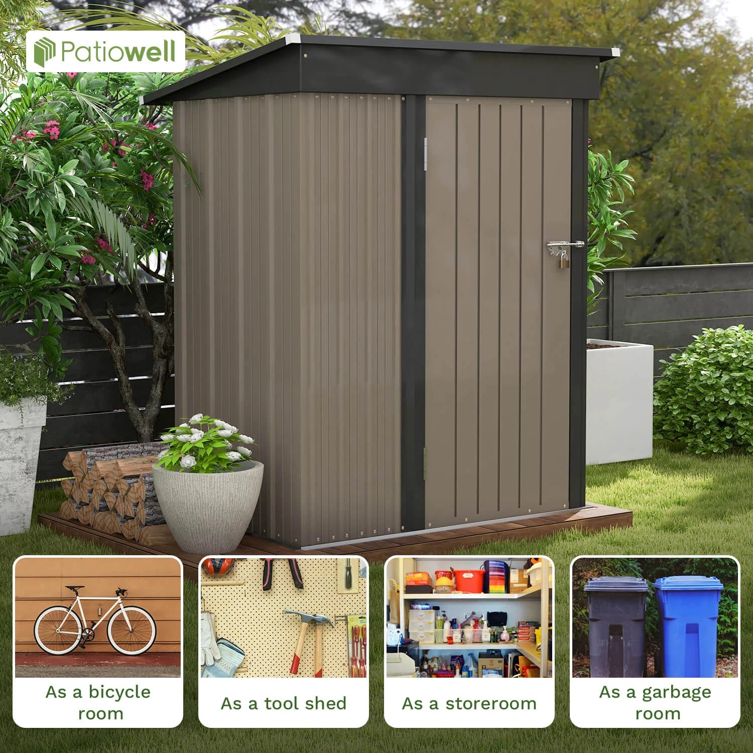 Patiowell 5x3 FT Outdoor Metal Storage Shed – Lockable Tool Shed with Sloping Roof