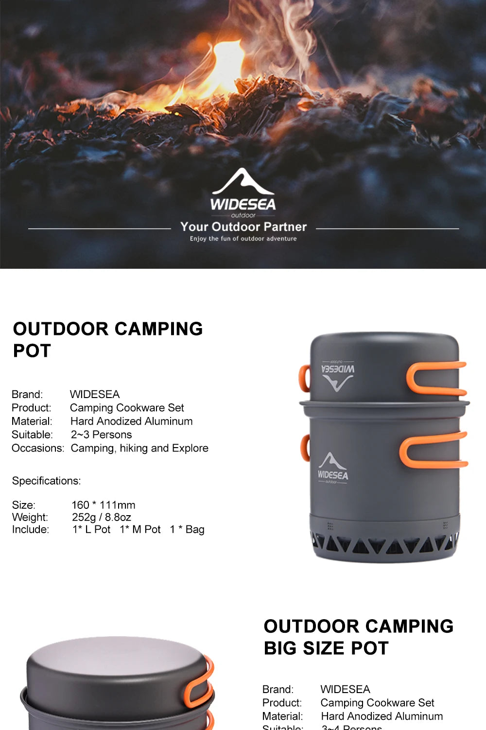 Widesea Camping Cookware Set – 1.3L/2.3L Pot & Kettle Outdoor Cooking Kit