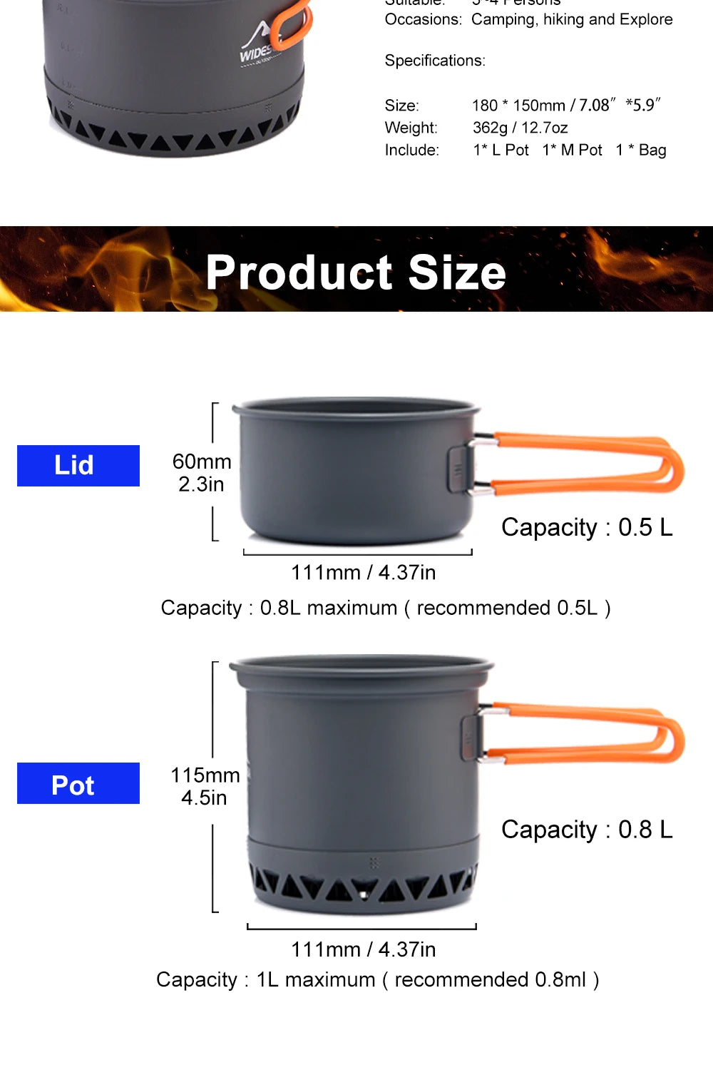 Widesea Camping Cookware Set – 1.3L/2.3L Pot & Kettle Outdoor Cooking Kit