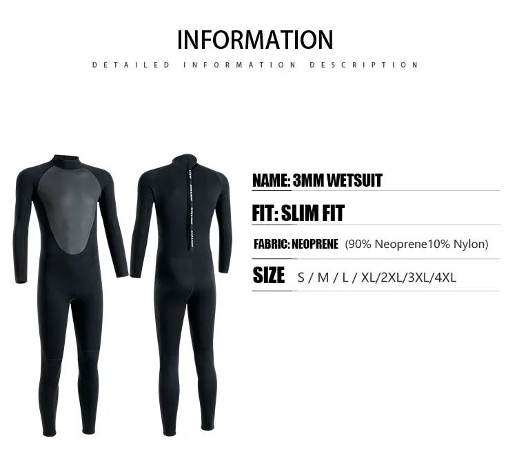 Men’s 3mm Neoprene Wetsuit – Full Body Diving & Surfing Suit