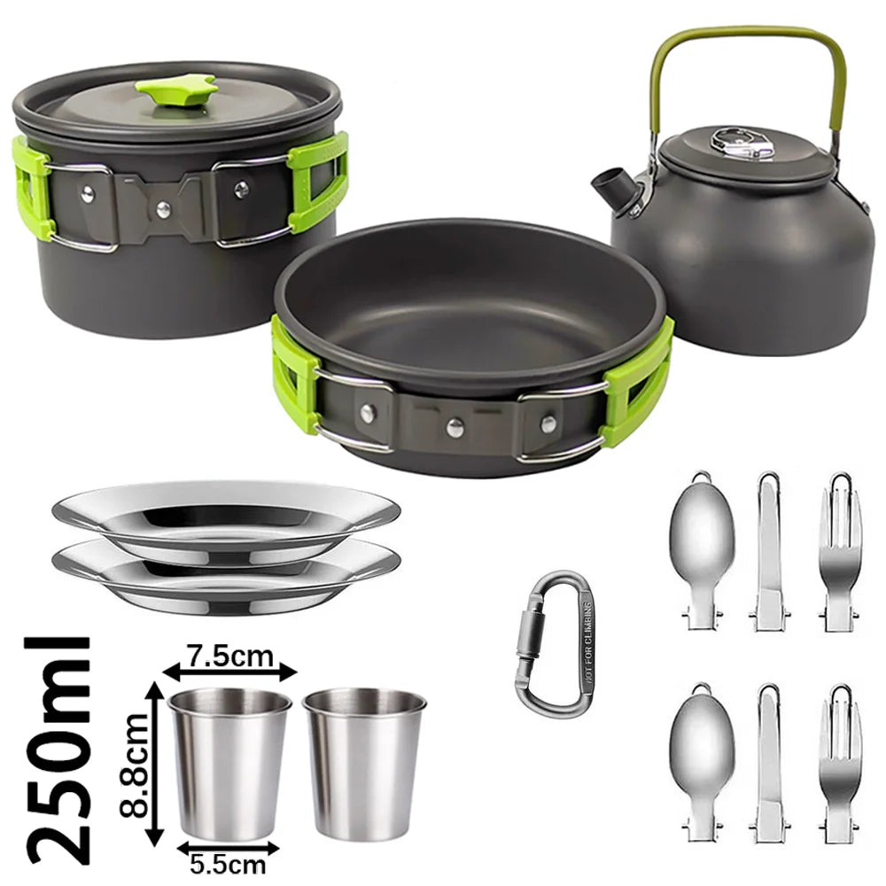 Camping Cookware Set – Non-Stick Pots, Teapot & Tableware for 2-3 People