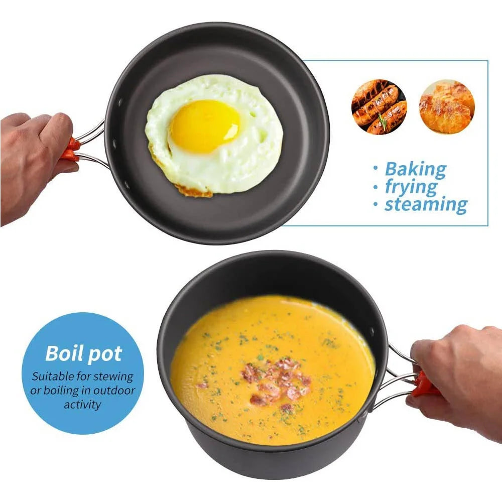 Camping Cookware Set – Non-Stick Pots, Teapot & Tableware for 2-3 People