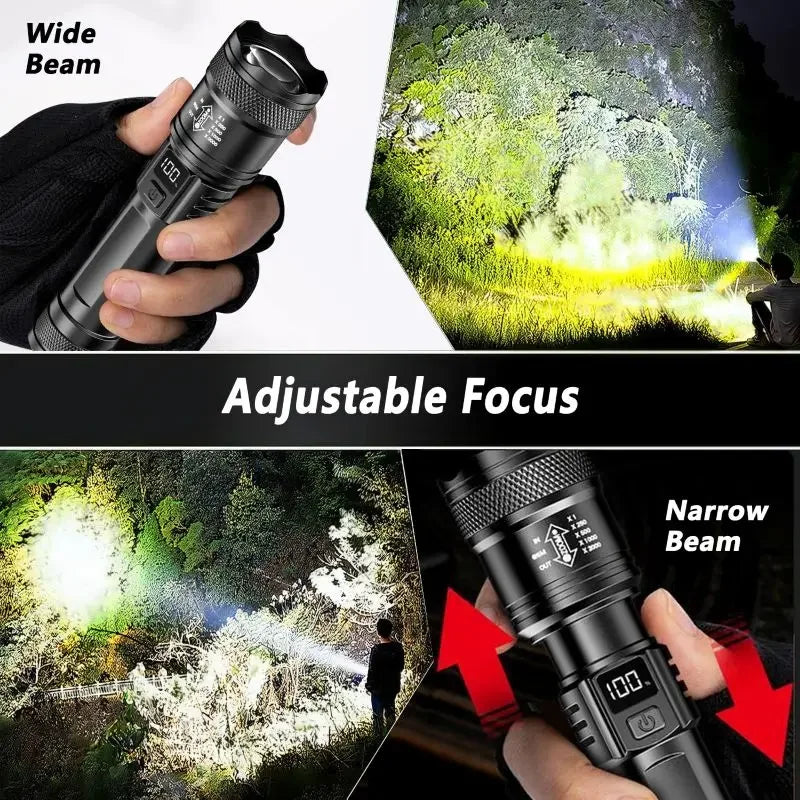 Rechargeable LED Flashlight – High-Power Zoomable Torch with LCD Display