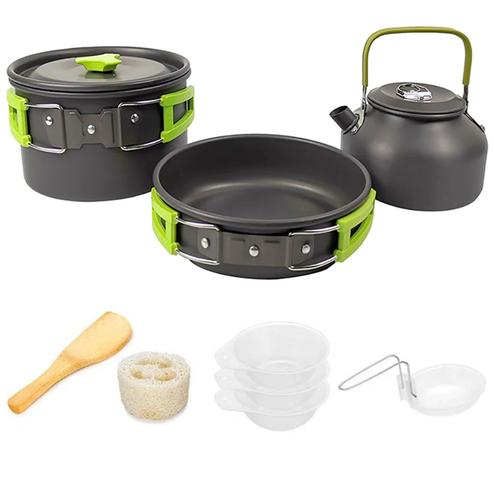 Camping Cookware Set – Non-Stick Pots, Teapot & Tableware for 2-3 People