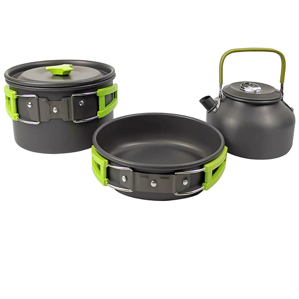 Camping Cookware Set – Non-Stick Pots, Teapot & Tableware for 2-3 People