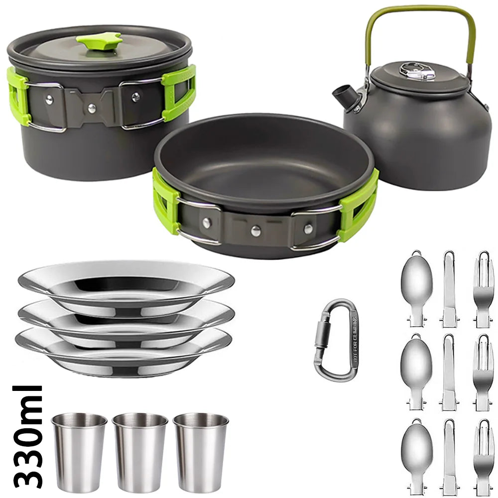 Camping Cookware Set – Non-Stick Pots, Teapot & Tableware for 2-3 People