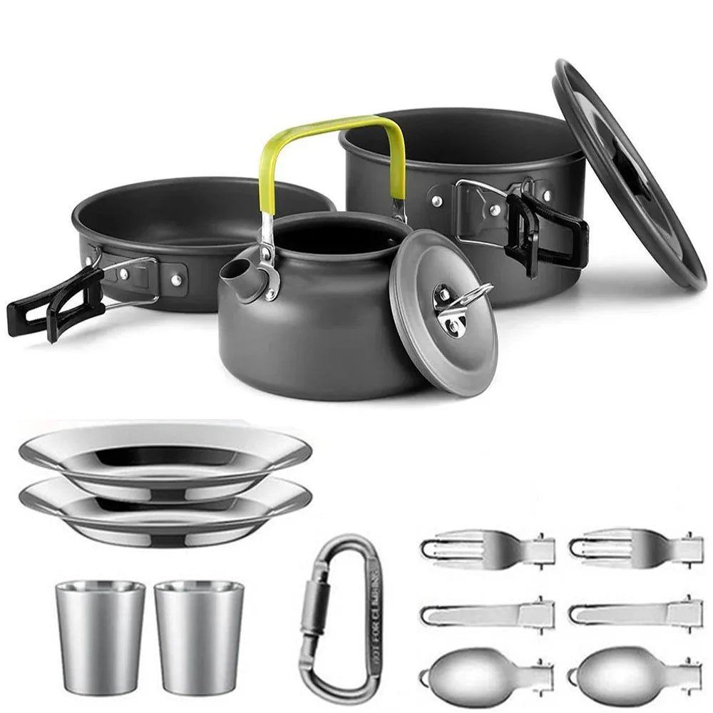 Camping Cookware Set – Non-Stick Pots, Teapot & Tableware for 2-3 People