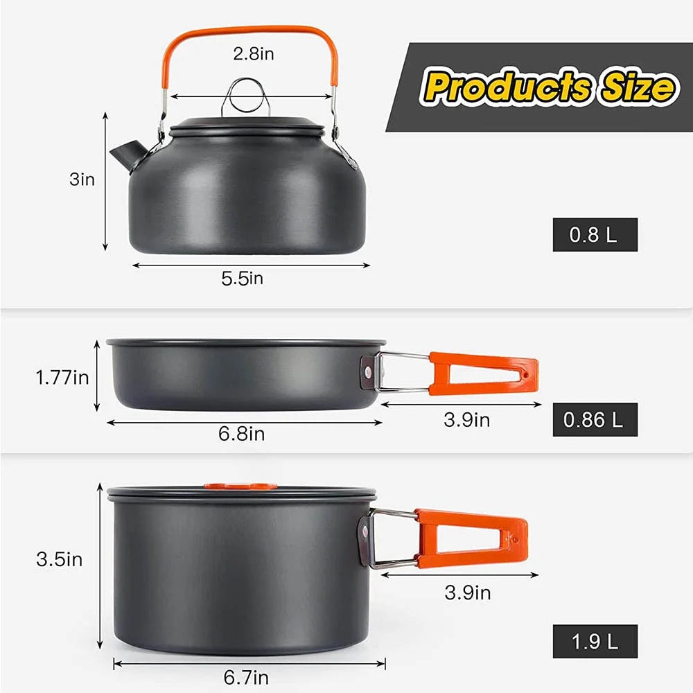 Camping Cookware Set – Non-Stick Pots, Teapot & Tableware for 2-3 People
