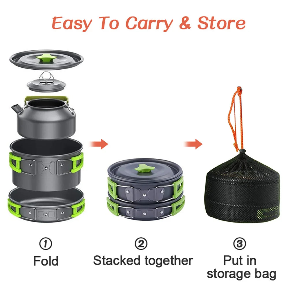 Camping Cookware Set – Non-Stick Pots, Teapot & Tableware for 2-3 People