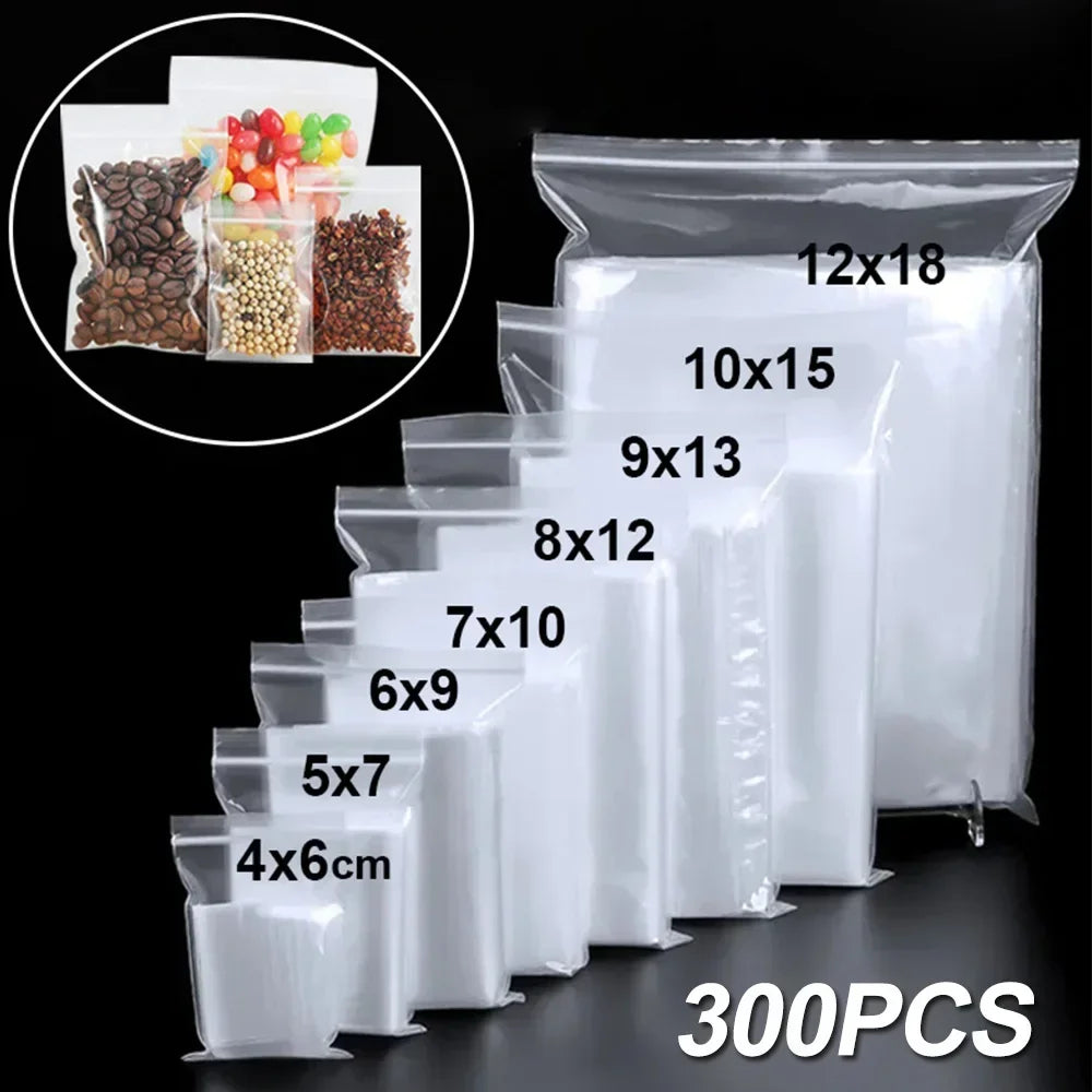 Transparent Zip Bags – 100/300PCS Reclosable Vacuum Storage Bags for Food & Jewelry