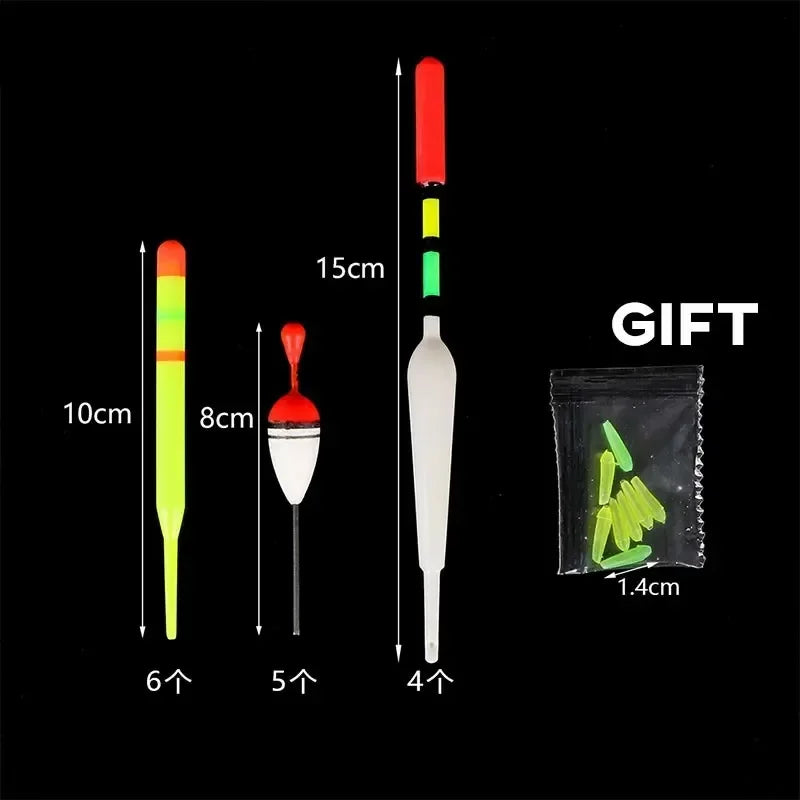 15-Piece Fishing Float Set – Mixed Size & Color Vertical Buoys with Rubber