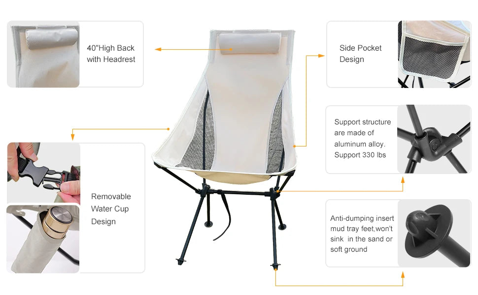 Westtune Portable Folding Camping Chair – Lightweight Aluminum Alloy Chair with Headrest