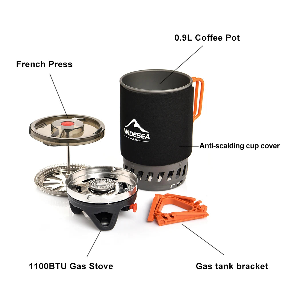 Widesea Camping Cooking System – Outdoor Gas Stove with Heat Exchanger, Coffee Pot & Cookware Set