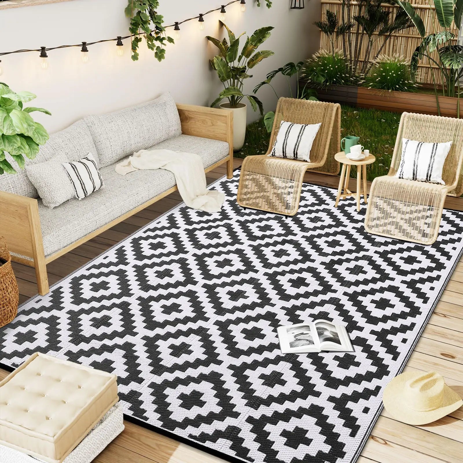 HAPIHAPPY Waterproof Outdoor Rug – Reversible Plastic Straw Patio & Deck Carpet