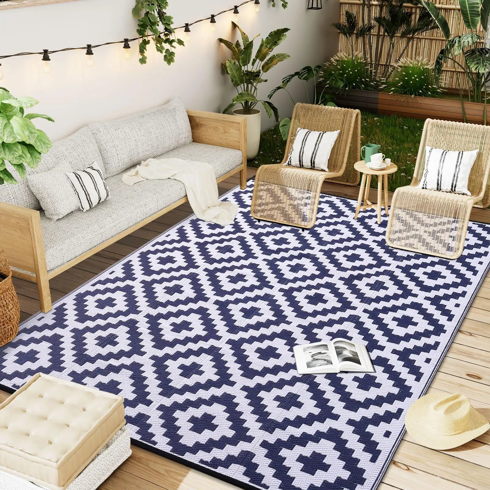 HAPIHAPPY Waterproof Outdoor Rug – Reversible Plastic Straw Patio & Deck Carpet