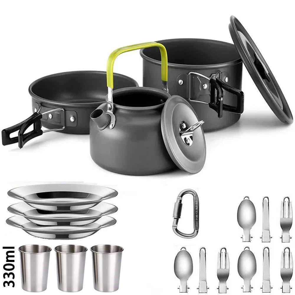 Camping Cookware Set – Non-Stick Pots, Teapot & Tableware for 2-3 People
