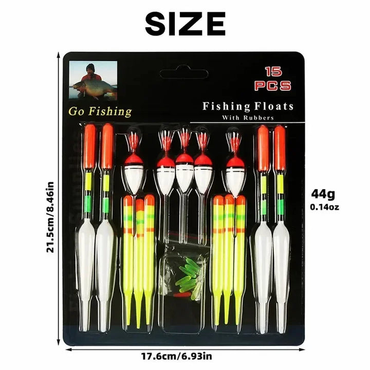 15-Piece Fishing Float Set – Mixed Size & Color Vertical Buoys with Rubber