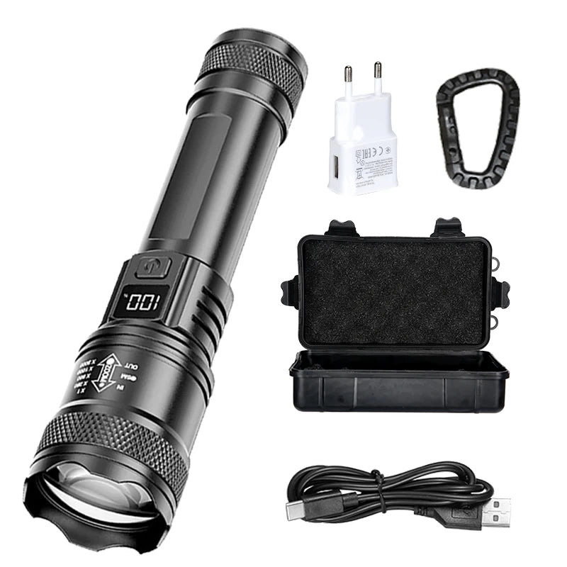 Rechargeable LED Flashlight – High-Power Zoomable Torch with LCD Display