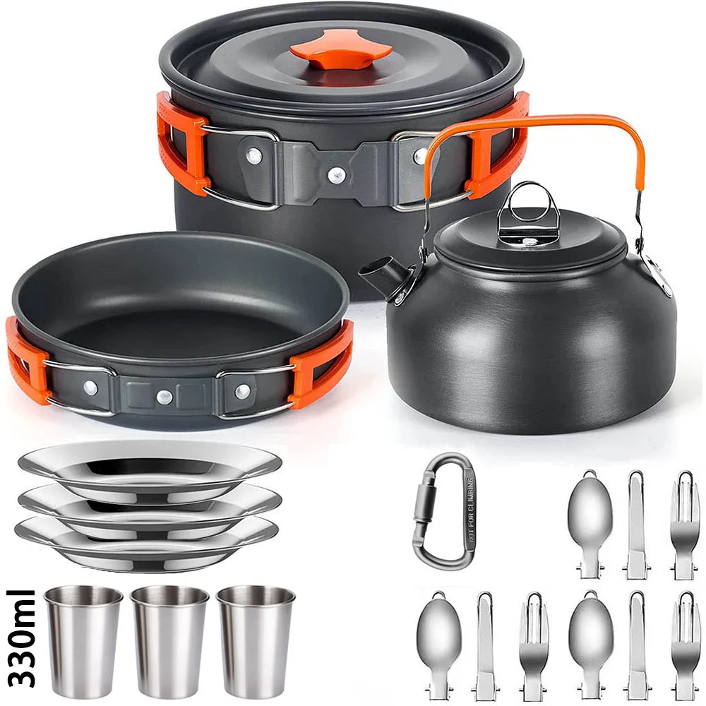 Camping Cookware Set – Non-Stick Pots, Teapot & Tableware for 2-3 People