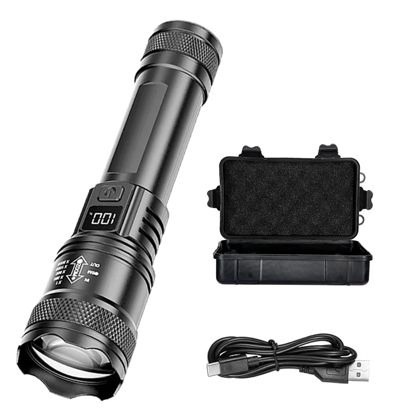 Rechargeable LED Flashlight – High-Power Zoomable Torch with LCD Display