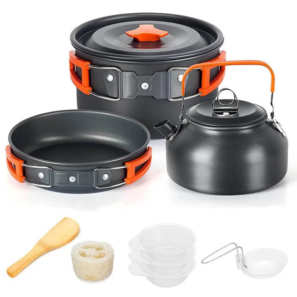 Camping Cookware Set – Non-Stick Pots, Teapot & Tableware for 2-3 People