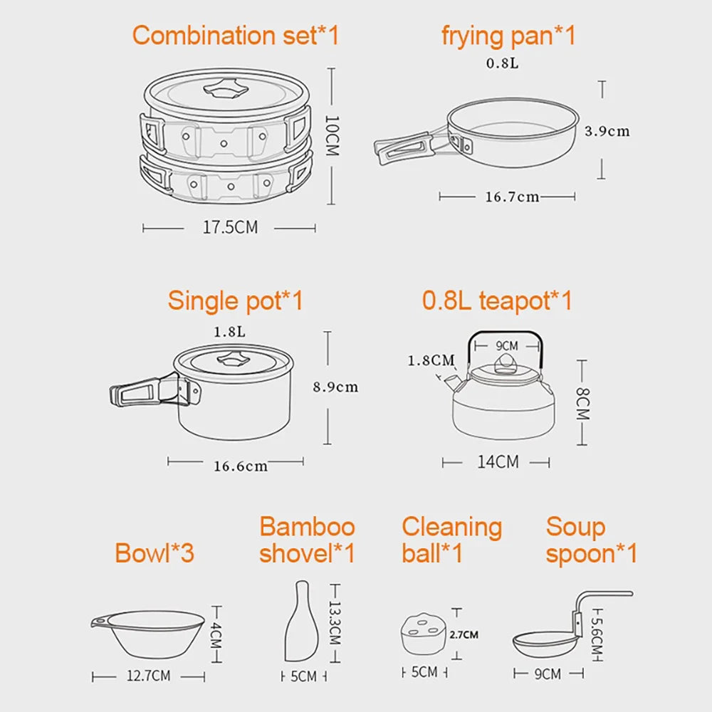 Camping Cookware Set – Non-Stick Pots, Teapot & Tableware for 2-3 People