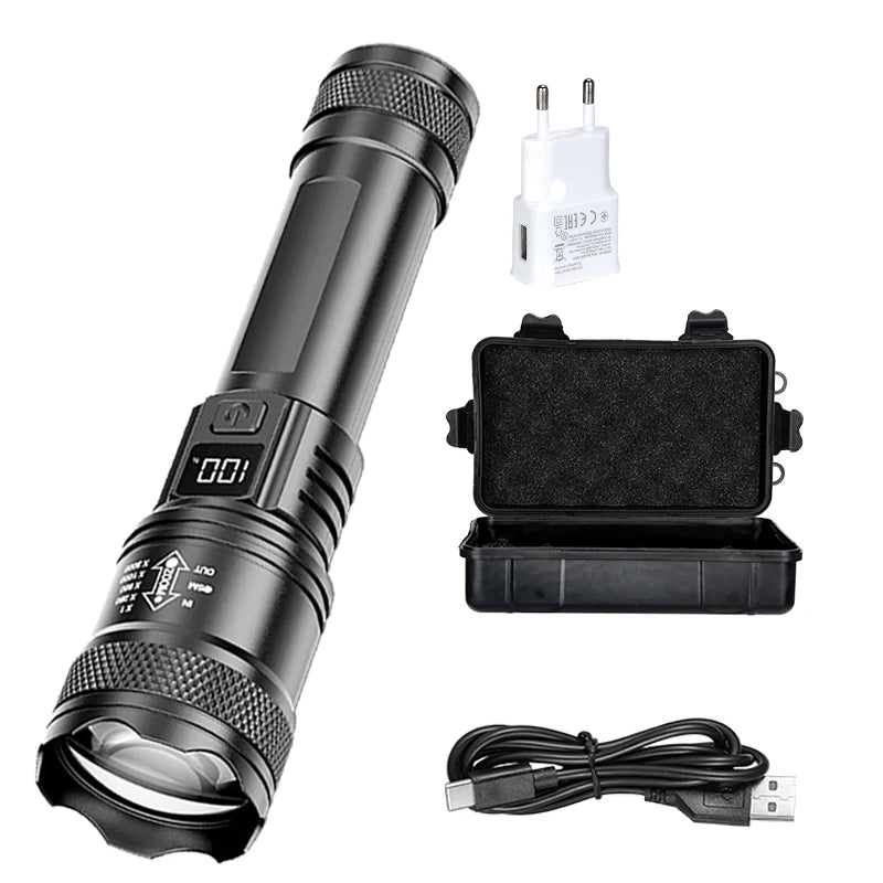 Rechargeable LED Flashlight – High-Power Zoomable Torch with LCD Display
