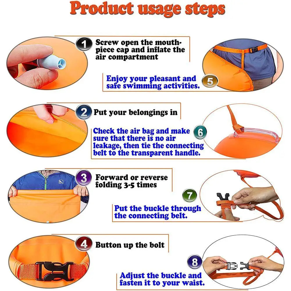 Inflatable Swimming Buoy & Tow Float – Dry Bag with Double Air Chambers and Waist Belt