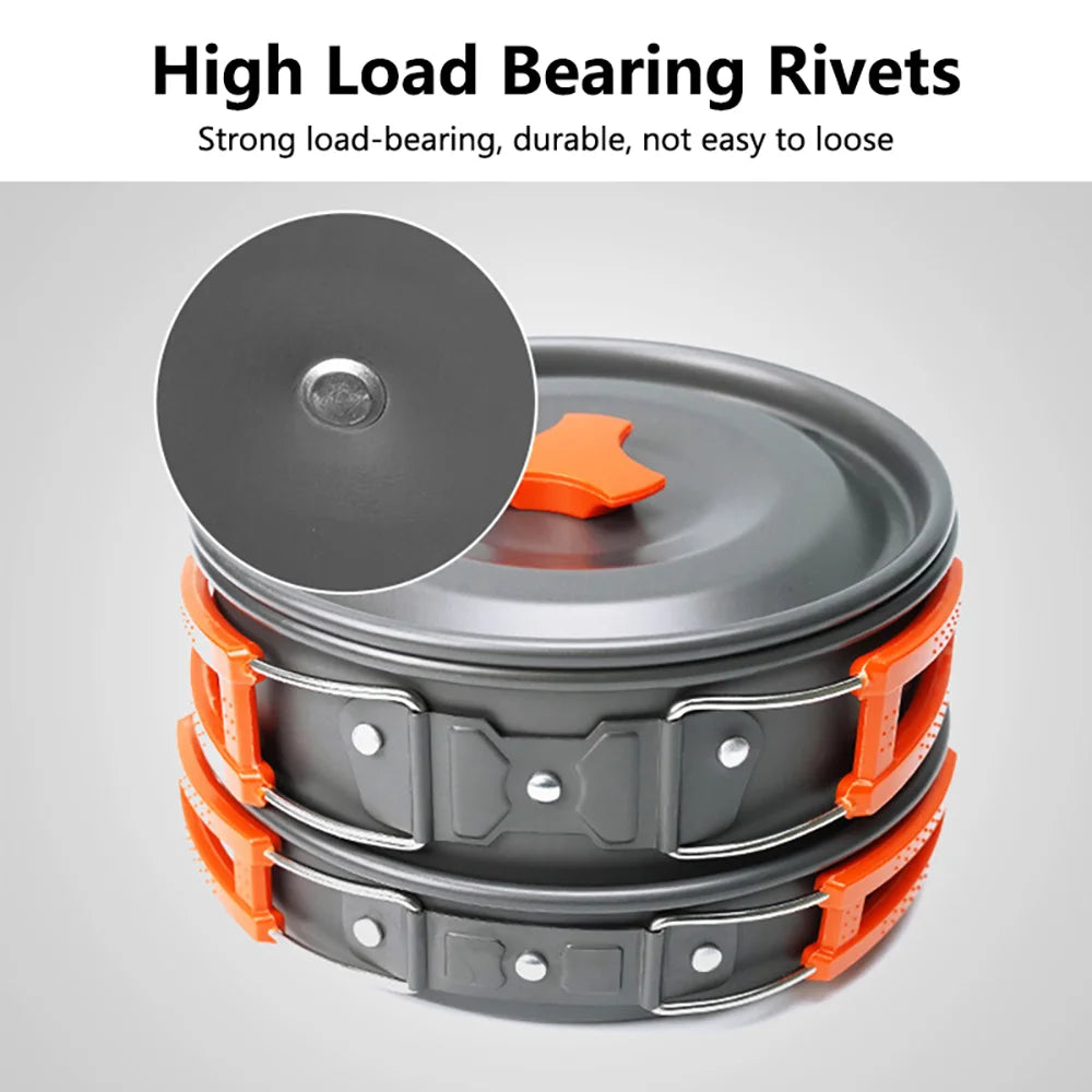 Camping Cookware Set – Non-Stick Pots, Teapot & Tableware for 2-3 People