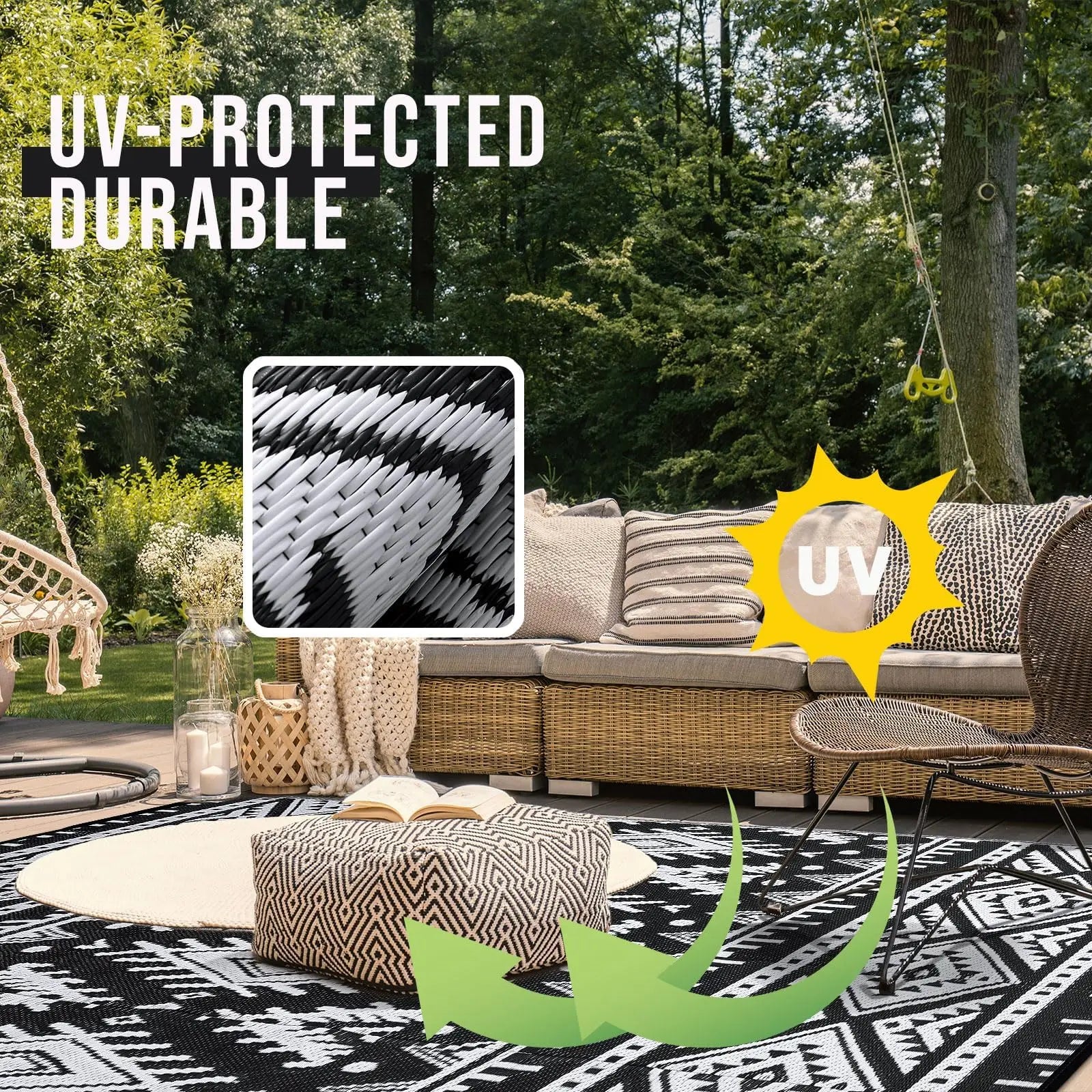 Kitinjoy Waterproof Outdoor Rug – Reversible Plastic Straw Boho Patio & RV Mat