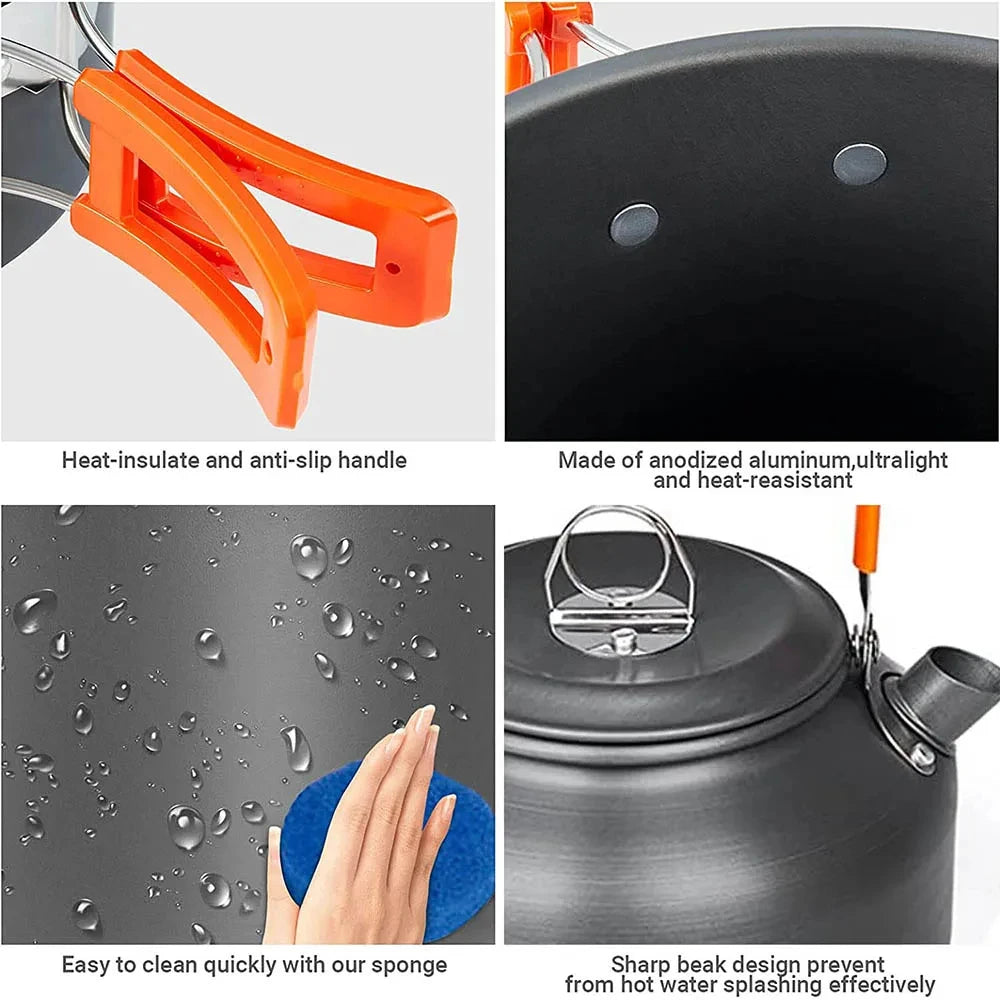 Camping Cookware Set – Non-Stick Pots, Teapot & Tableware for 2-3 People