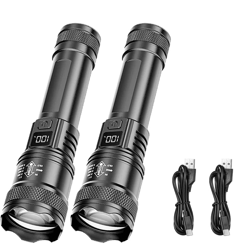 Rechargeable LED Flashlight – High-Power Zoomable Torch with LCD Display