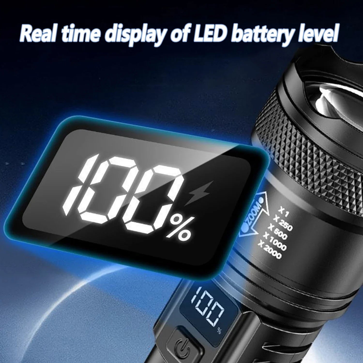 Rechargeable LED Flashlight – High-Power Zoomable Torch with LCD Display