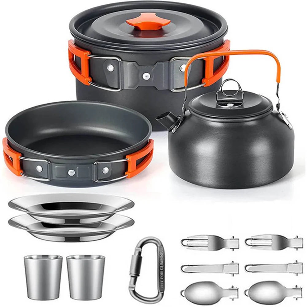 Camping Cookware Set – Non-Stick Pots, Teapot & Tableware for 2-3 People
