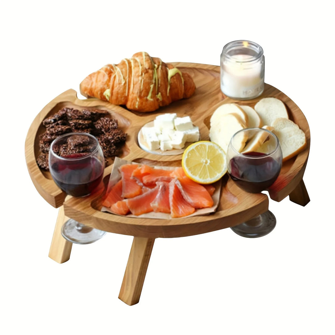 2-in-1 Wooden Folding Picnic Table – Portable Round Table with Glass Cup Holder