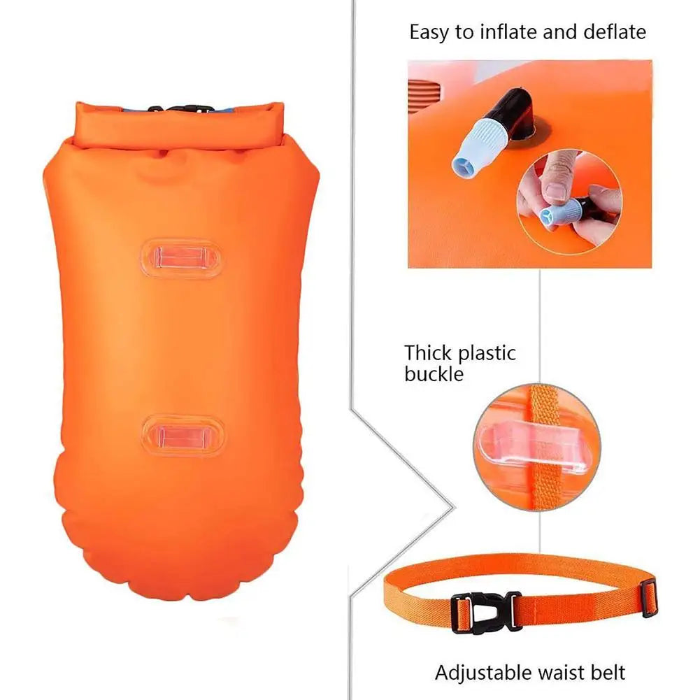 Inflatable Swimming Buoy & Tow Float – Dry Bag with Double Air Chambers and Waist Belt