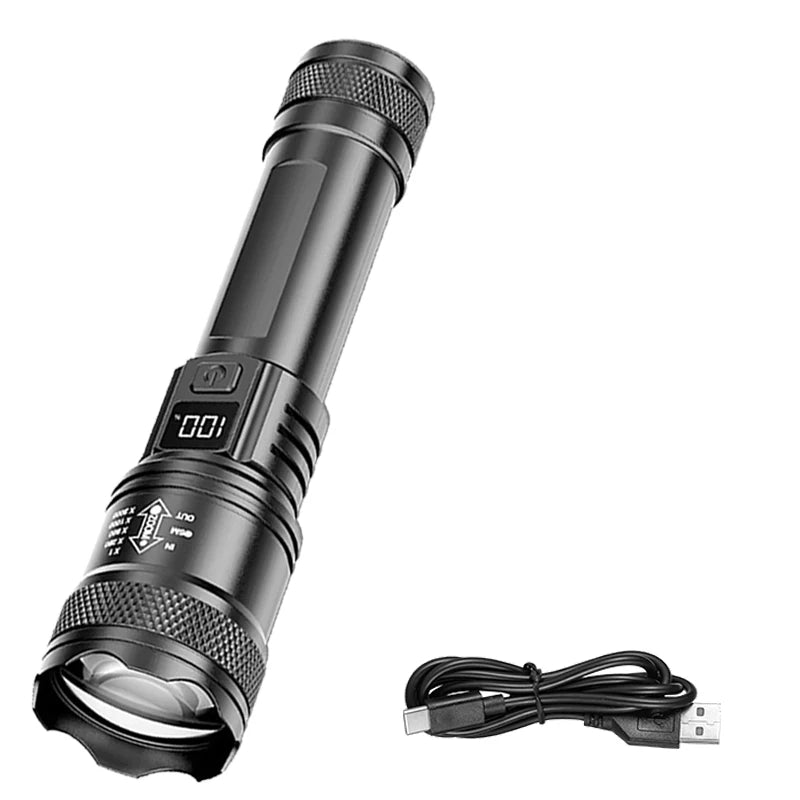 Rechargeable LED Flashlight – High-Power Zoomable Torch with LCD Display