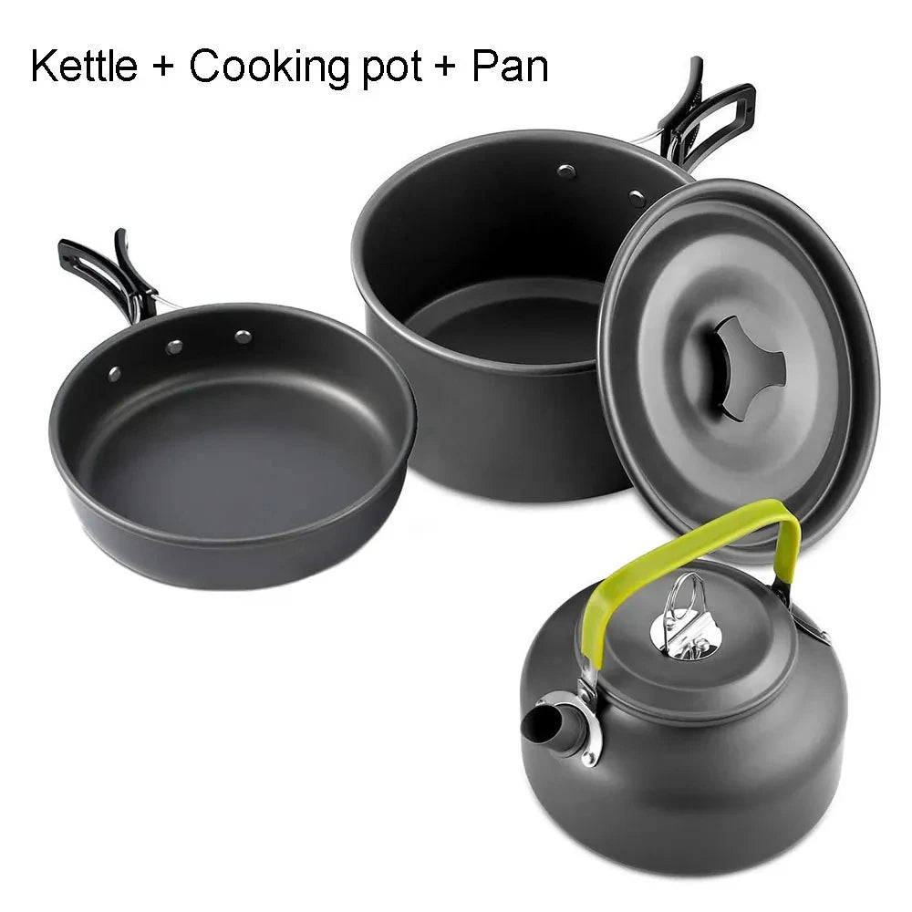 Camping Cookware Set – Non-Stick Pots, Teapot & Tableware for 2-3 People