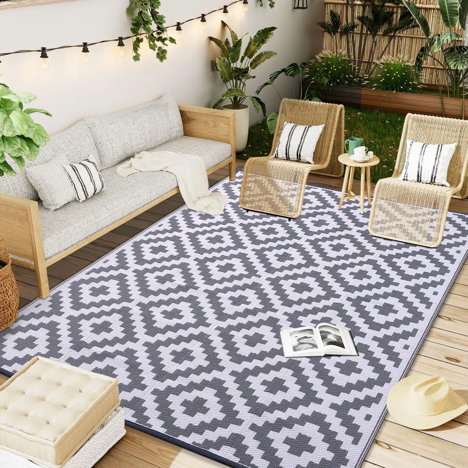 HAPIHAPPY Waterproof Outdoor Rug – Reversible Plastic Straw Patio & Deck Carpet