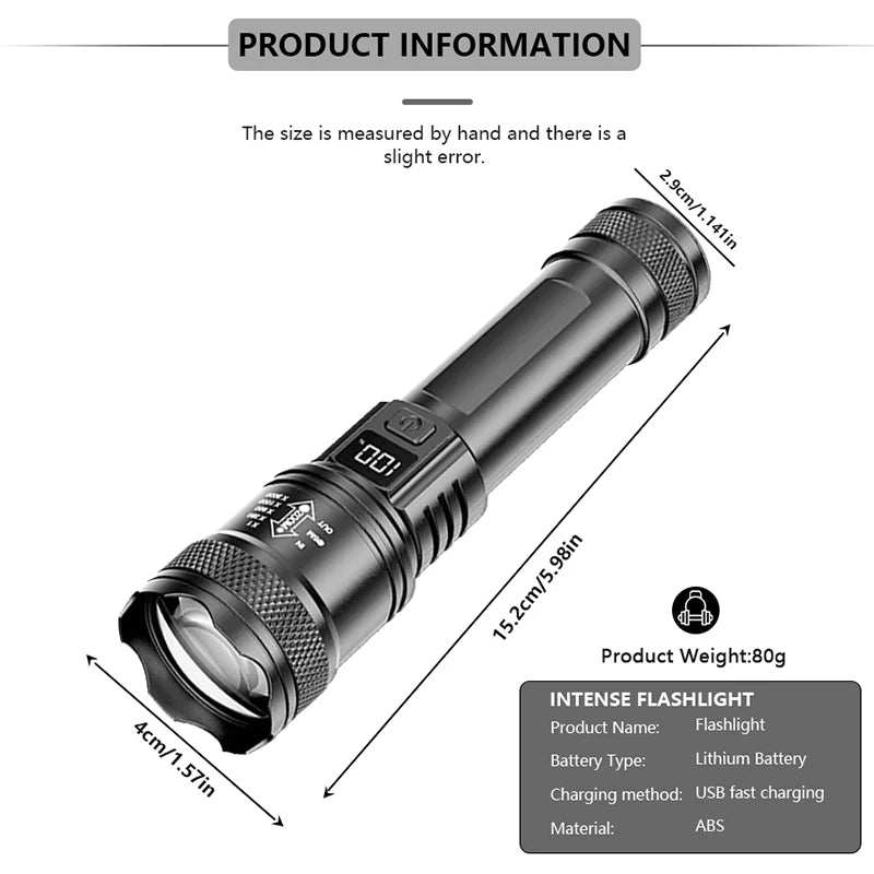 Rechargeable LED Flashlight – High-Power Zoomable Torch with LCD Display