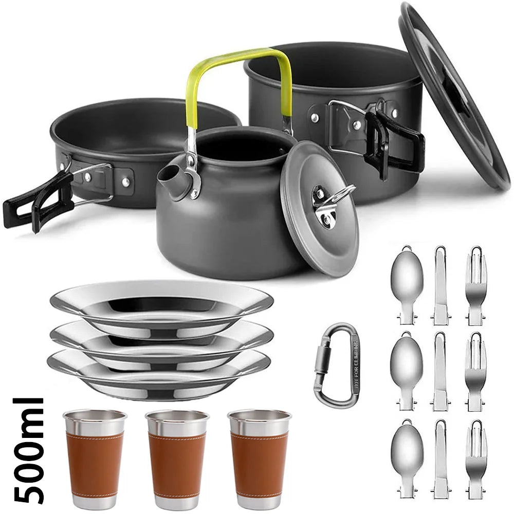 Camping Cookware Set – Non-Stick Pots, Teapot & Tableware for 2-3 People