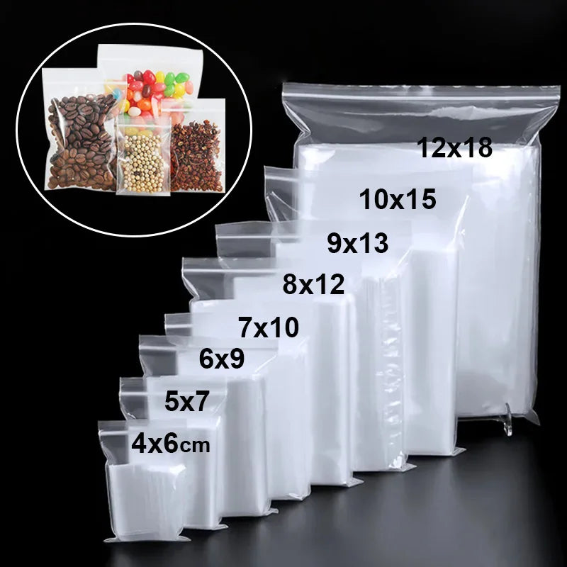 Transparent Zip Bags – 100/300PCS Reclosable Vacuum Storage Bags for Food & Jewelry
