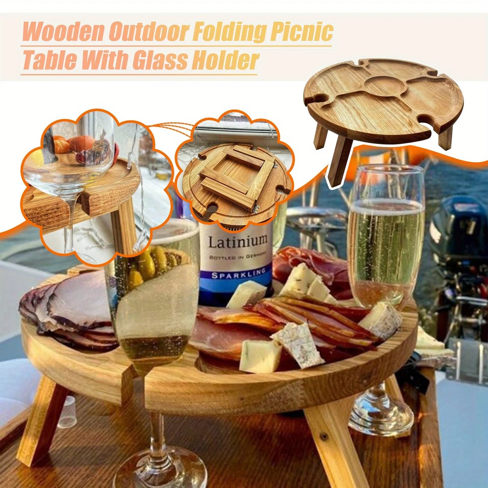 2-in-1 Wooden Folding Picnic Table – Portable Round Table with Glass Cup Holder