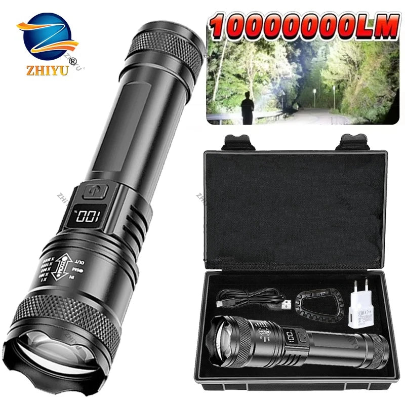 Rechargeable LED Flashlight – High-Power Zoomable Torch with LCD Display