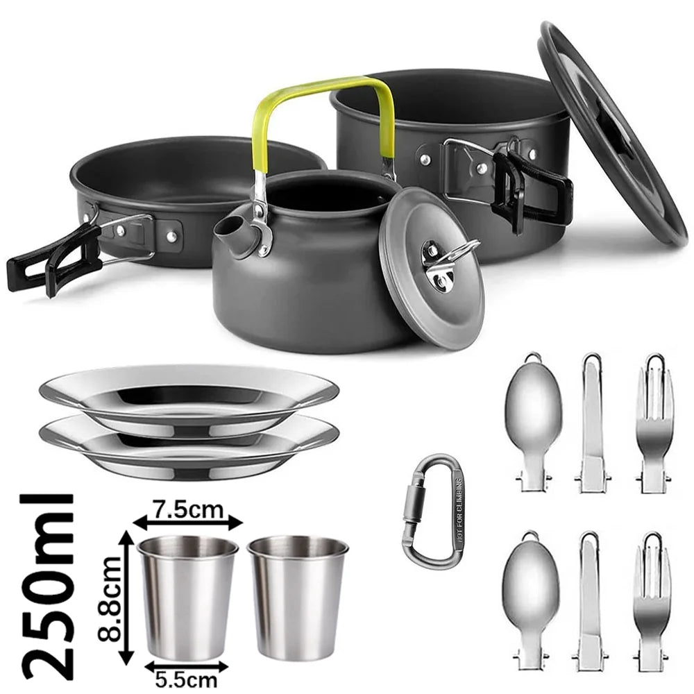 Camping Cookware Set – Non-Stick Pots, Teapot & Tableware for 2-3 People