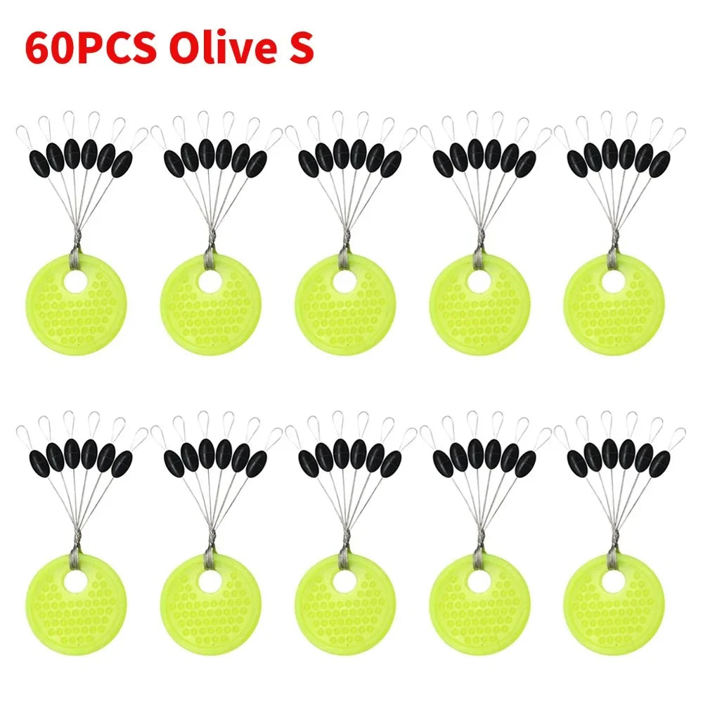 60-Piece Fishing Line Space Beans Set – Rubber Stopper Oval & Column Bobber Tools