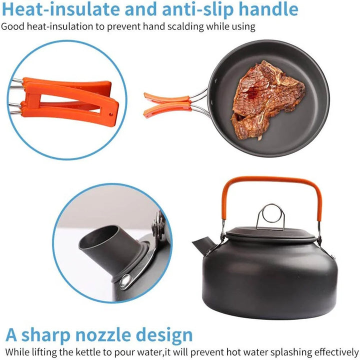 Camping Cookware Set – Non-Stick Pots, Teapot & Tableware for 2-3 People