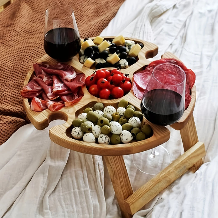 2-in-1 Wooden Folding Picnic Table – Portable Round Table with Glass Cup Holder