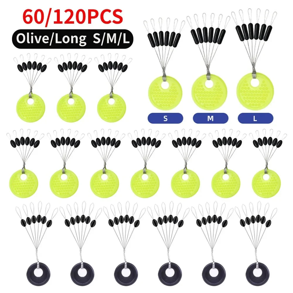 60-Piece Fishing Line Space Beans Set – Rubber Stopper Oval & Column Bobber Tools